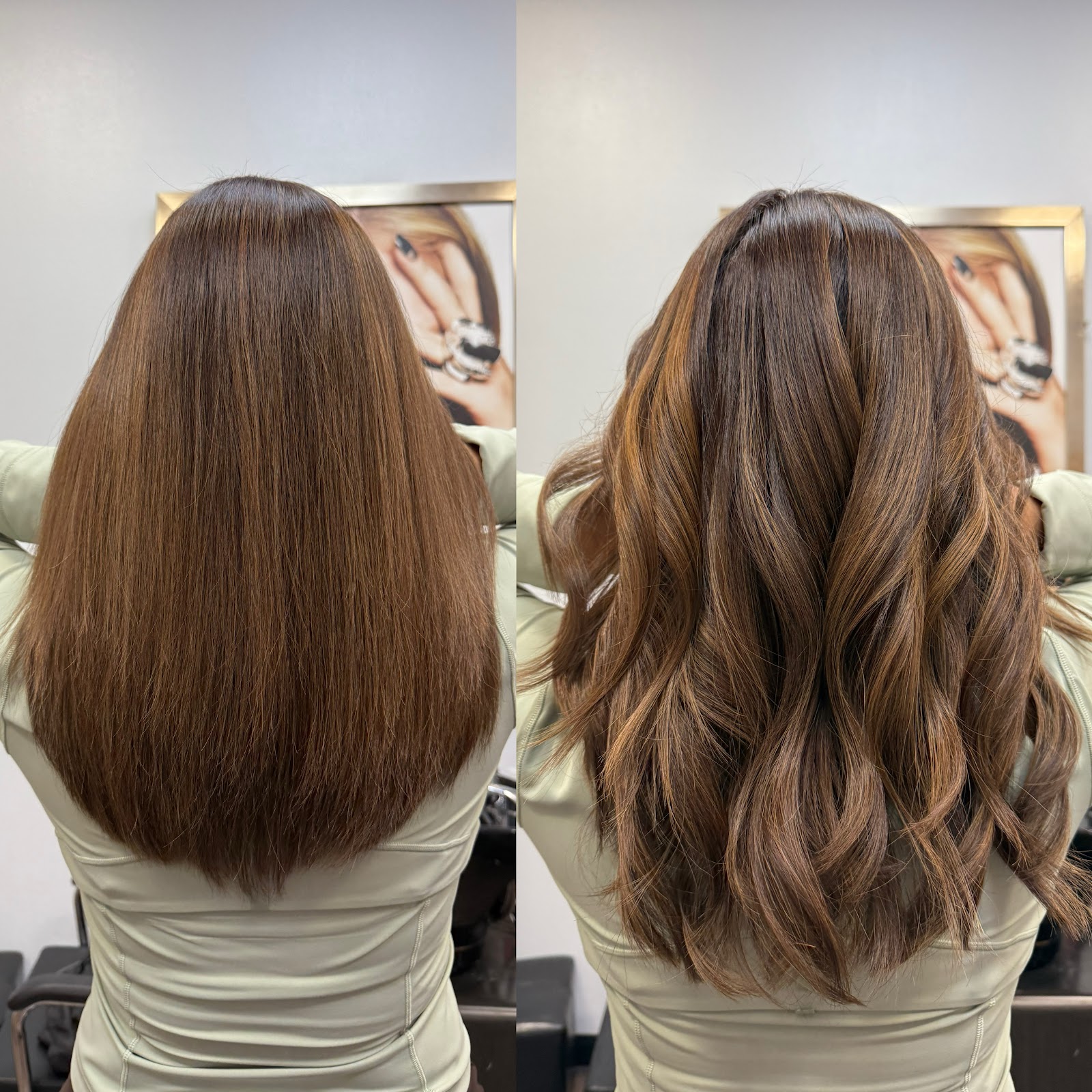 Tracy’s finished soft layered brunette waves